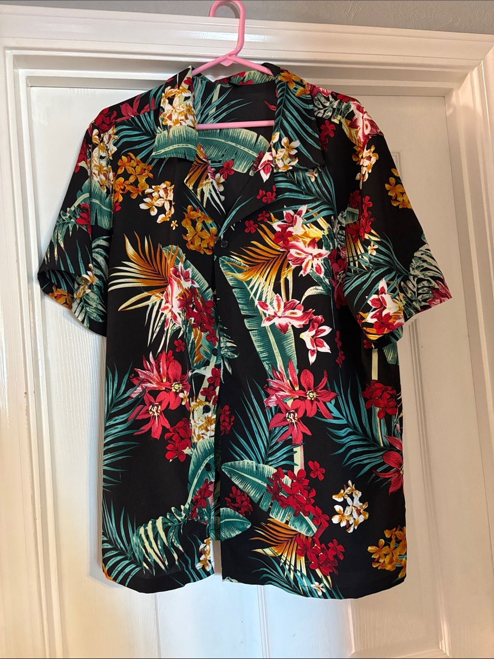 Men's Black Tropical Floral Camp Shirt - Bold Red & Green Print